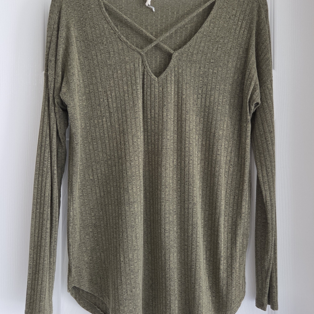 Olive Green V-Neck Ribbed Women's Top